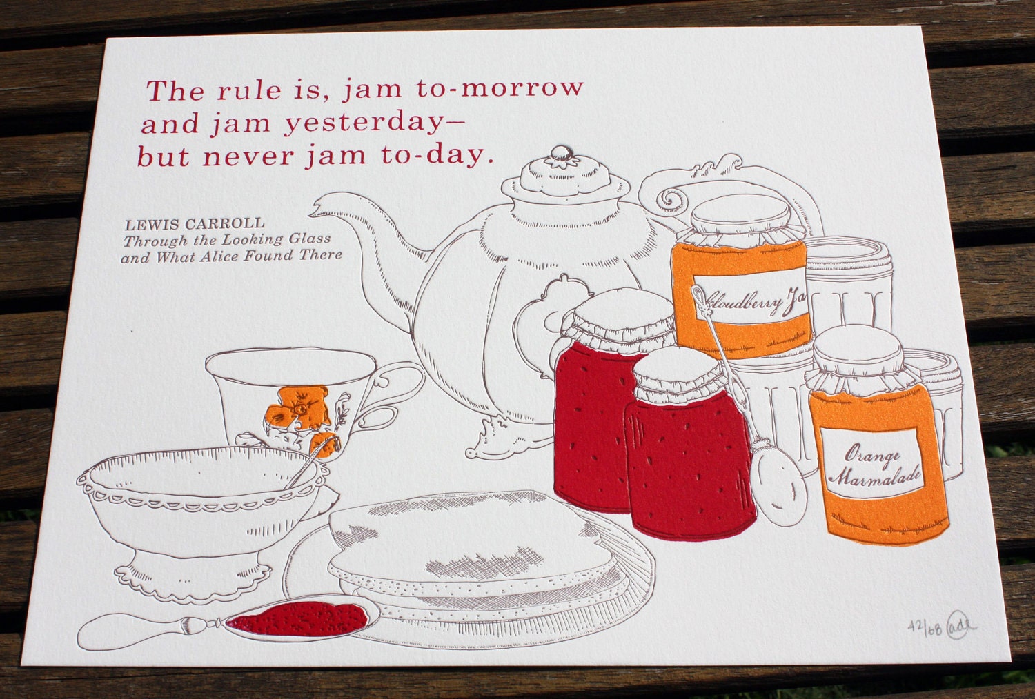 Letterpress & Silkscreen Jam Tomorrow Kitchen Print-Alice in Wonderland Foodie Quote