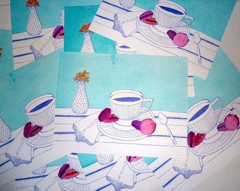 Letterpress & Watercolor Macaron and Tea Cup Kitchen Print- Foodie Art