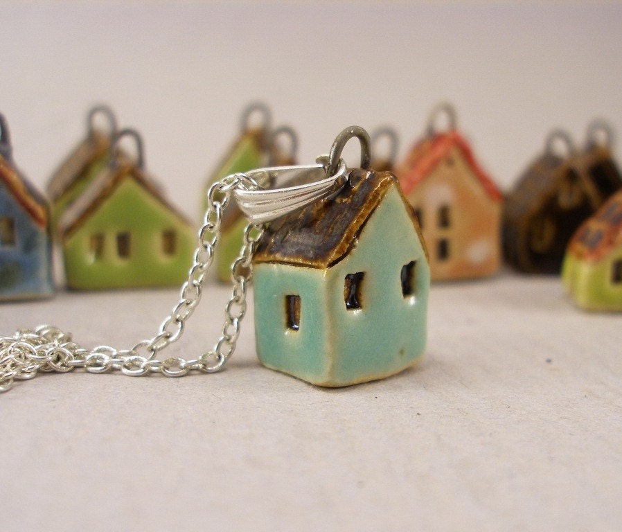 Turquoise GREEN - Tiny House Pendant in Stoneware