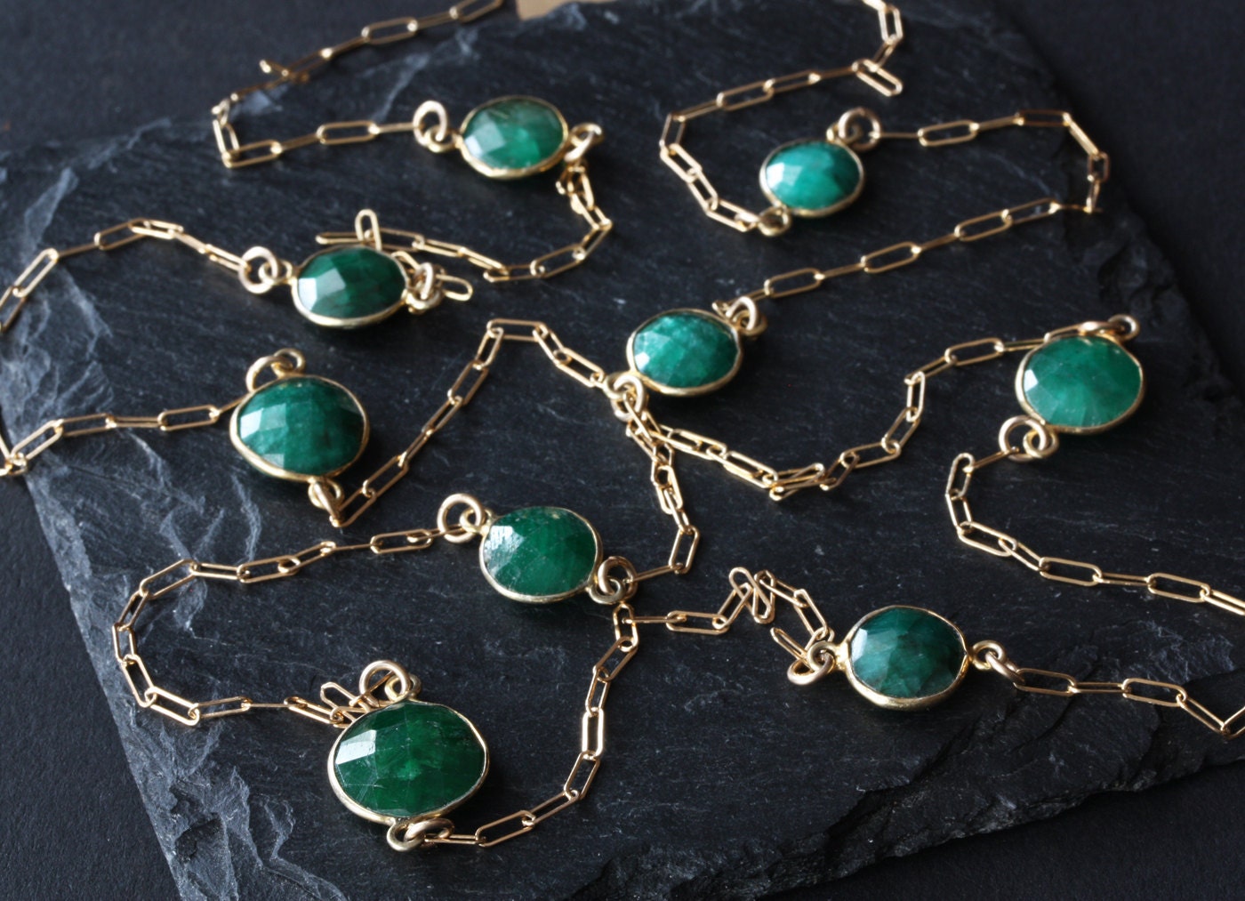 Long Rose Cut Emerald Station Necklace in 14kt Gold- as seen in Destination Weddings