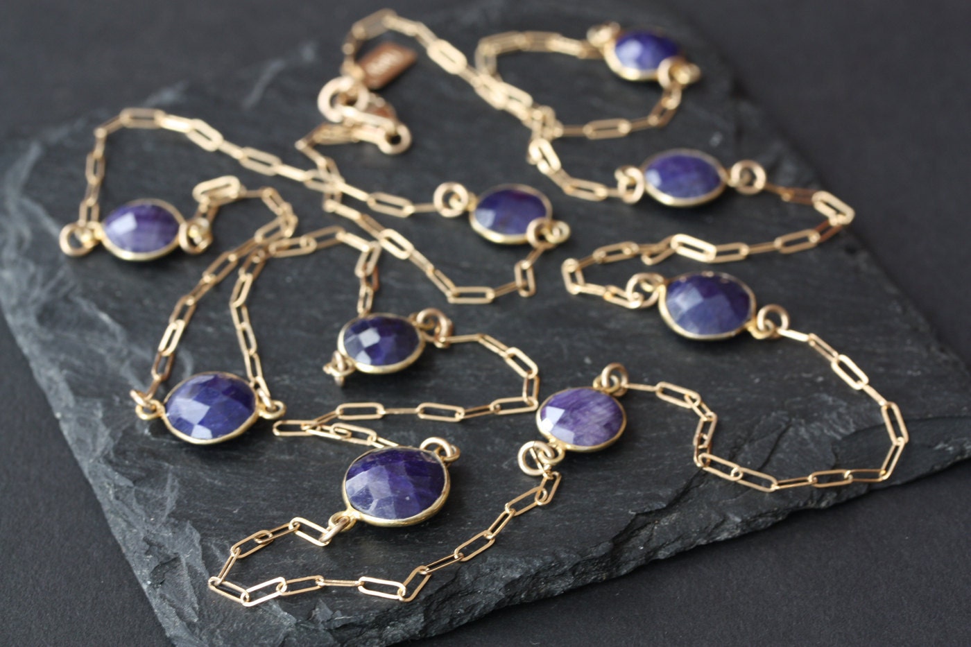 Long Rose Cut Blue Sapphire Station Necklace in 14kt Gold- chain, long necklace, layered
