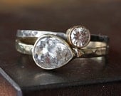 Silver-Clear Diamond RIng in 14kt  Yellow Gold- engagement, rose cut