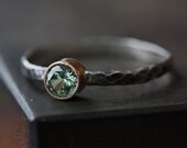 Natural Green Sapphire Ring- 14kt gold bezel setting, hammered, sterling silver band, oxidized, engagement, mixed metal