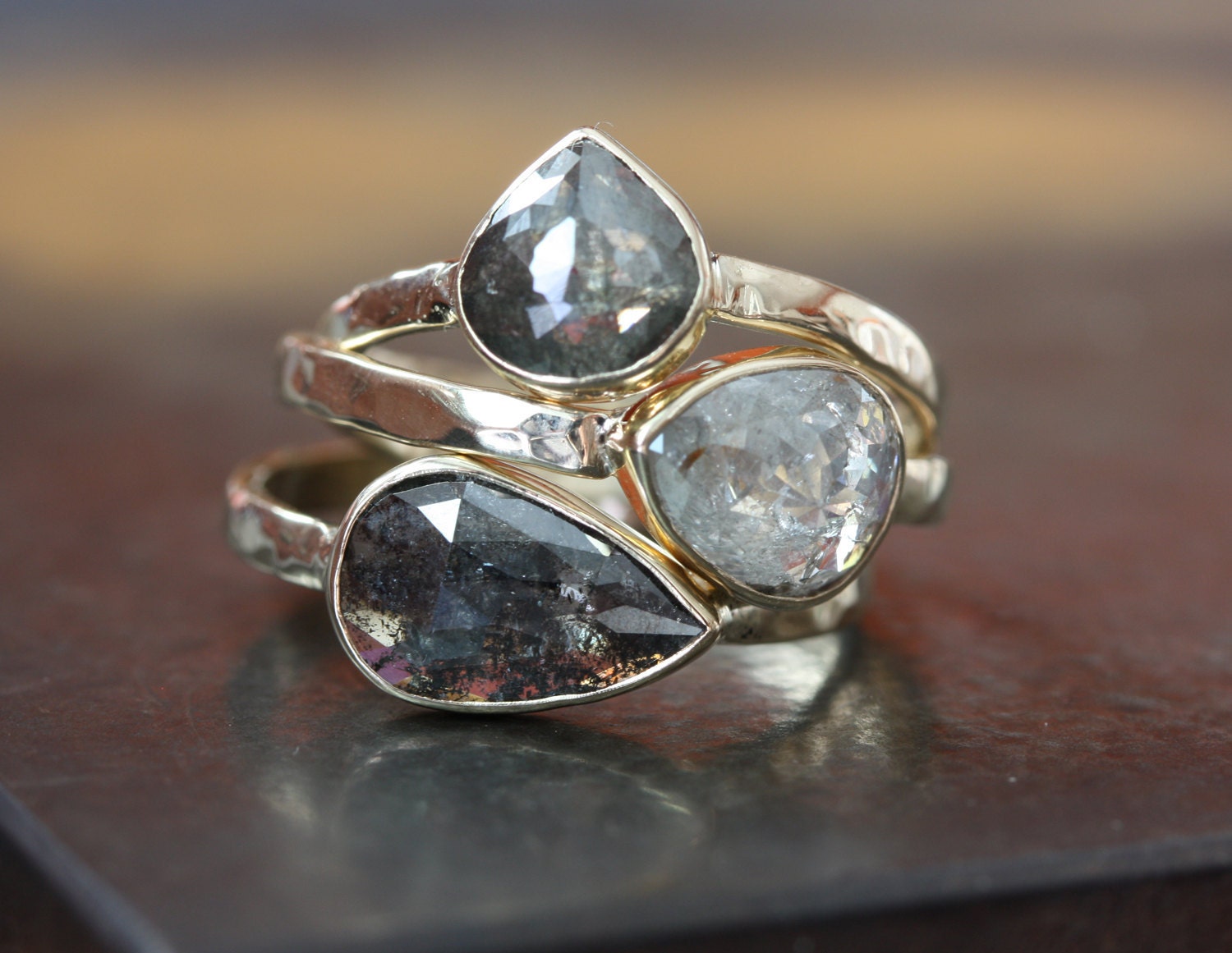 Rose Cut Black Diamond RIng in 14kt Yellow Gold- engagement, rose cut