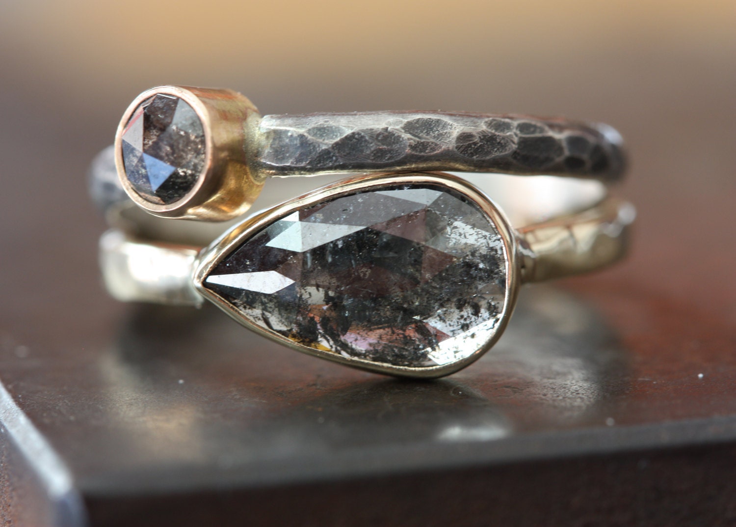 Rose Cut Black Diamond RIng in 14kt Yellow Gold- engagement, rose cut