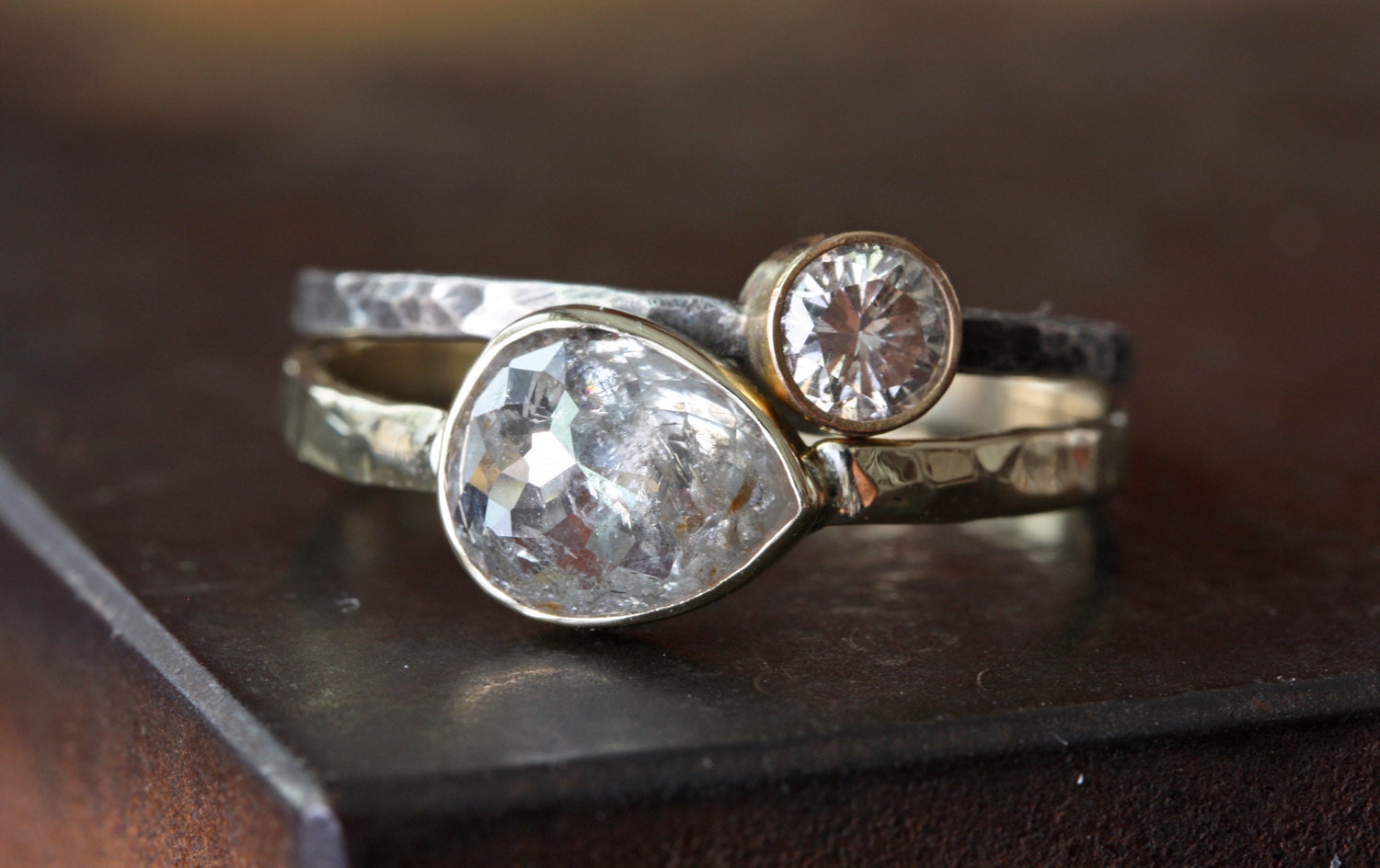 Silver-Clear Diamond RIng in 14kt Yellow Gold- engagement, rose cut