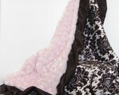 Satin Ruffle Minky Baby blanket Black Damask Smooth and Pink  Plush Swirl