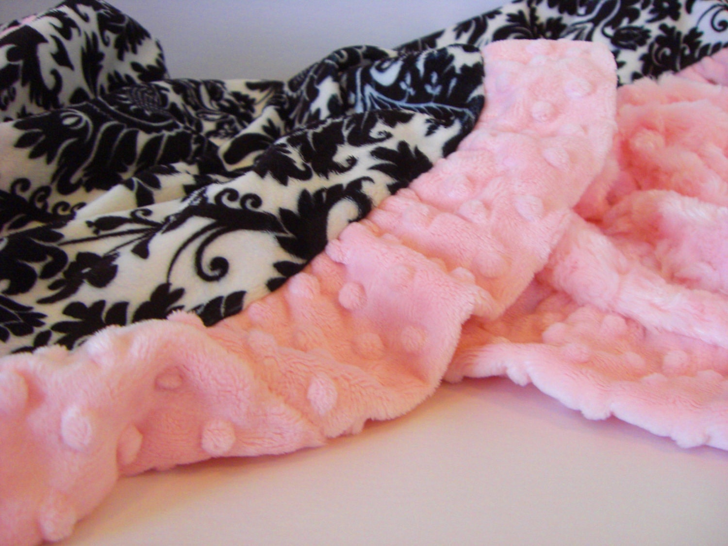 Monogrammed and Personalized Minky  Baby Blanket in Soft Pink Rose Swirl and Black Damask with a MINKY Ruffle