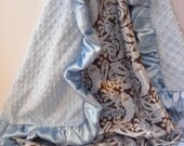 Baby Boy Satin Ruffle Minky Baby Blanket of Blue Silky Paisley