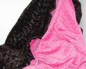Personalized Satin Ruffle Baby Blanket Hot Pink  Minky and Chocolate Plush Swirl with Monogram Available