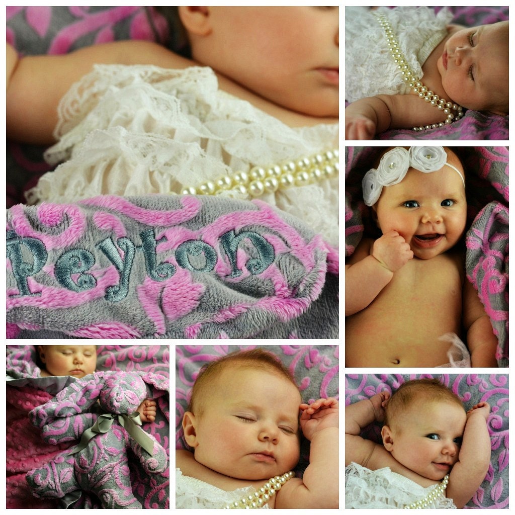 Hot Pink and Gray Vine Minky Baby Blanket, can be personalized with a name
