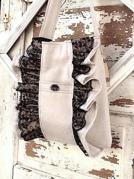 Canvas Shoulder Bag , Original French Noir Lace, Shabby Ruffled Market Bag