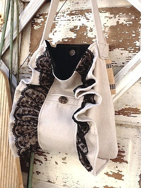 Canvas Shoulder Bag , Original French Noir Lace, Shabby Ruffled Market Bag