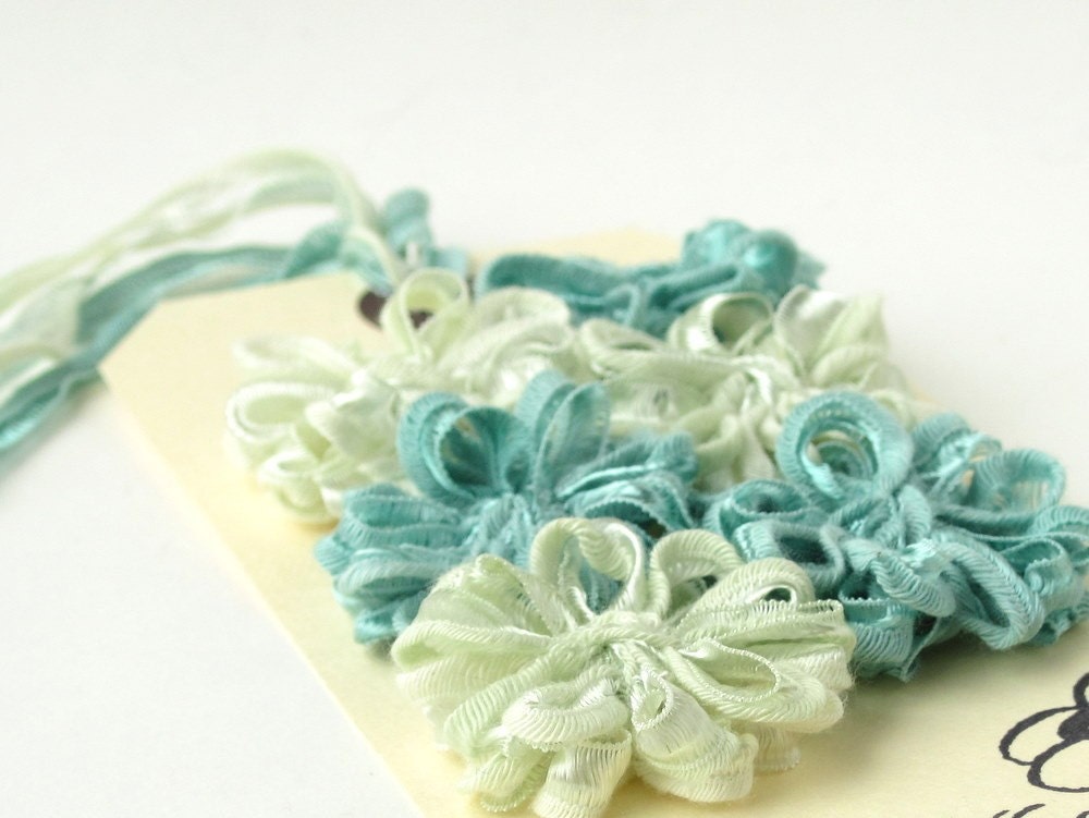 Flower Appliques in Mint Green and Blue Ribbon