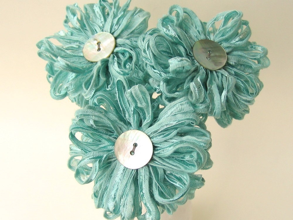 3 Seafoam Ribbon Flowers, handmade fabric bouquet, centerpiece, hostess gift