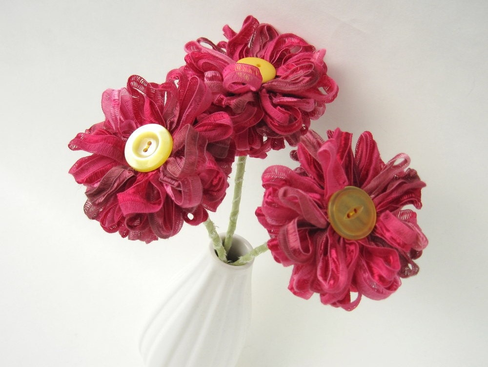 3 Dark Pink  Ribbon Flowers, handmade bouquet, table decor, centerpiece