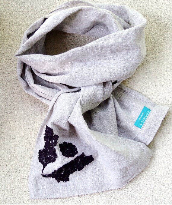 Natural linen long scarf neck warmer with lace applique