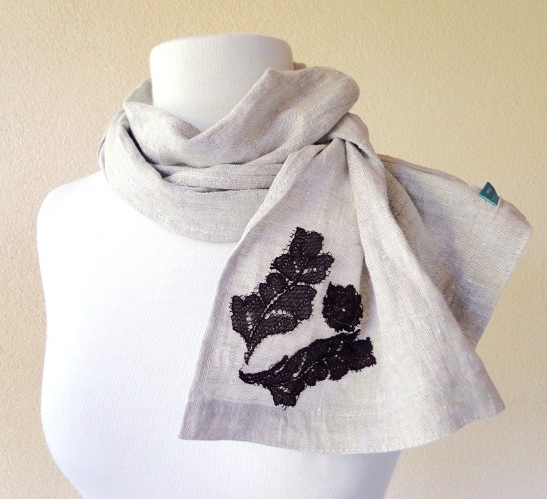 Natural linen long scarf neck warmer with lace applique