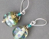 lampwork earrings clear glass with aqua stripe and blue spotted beads- wrapture