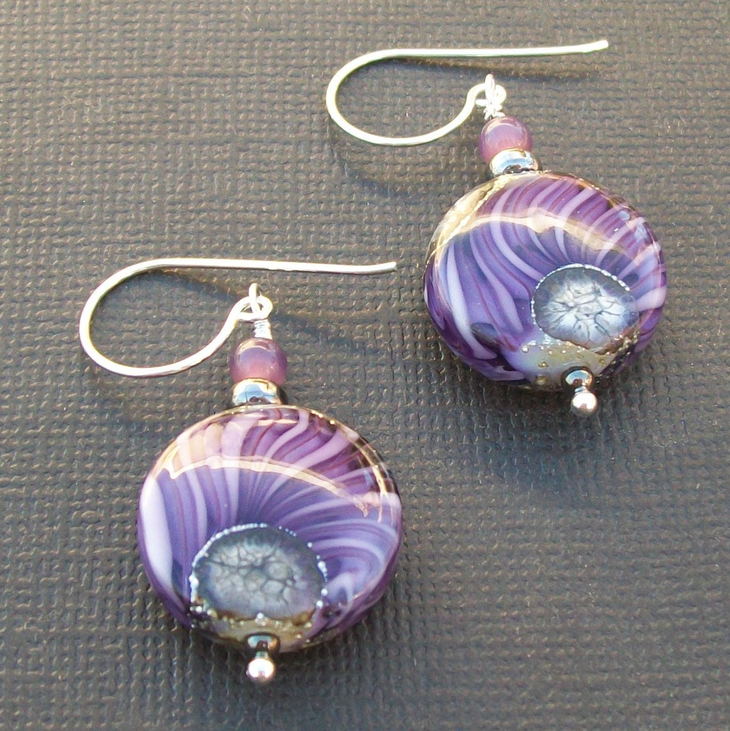 lampwork earrings gorgeous lavender ivory silvered glass beads- lavender simplicity
