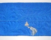 Clutch - Peacock blue satin quilted with feathers
