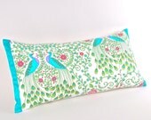 Modern Peacocks Pillow with Aquamarine Silk Trim 12 by 24 inch
