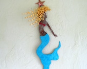 Mermaid art decor - Golda - Handmade repurposed metal wall sculpture bathroom deck porch beach house coastal