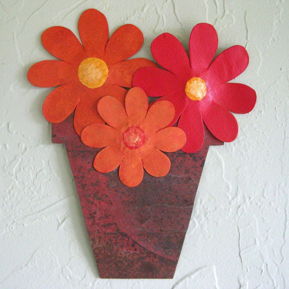 Metal wall kitchen art -  Flower Pot - Repurposed metal wall sculpture red orange