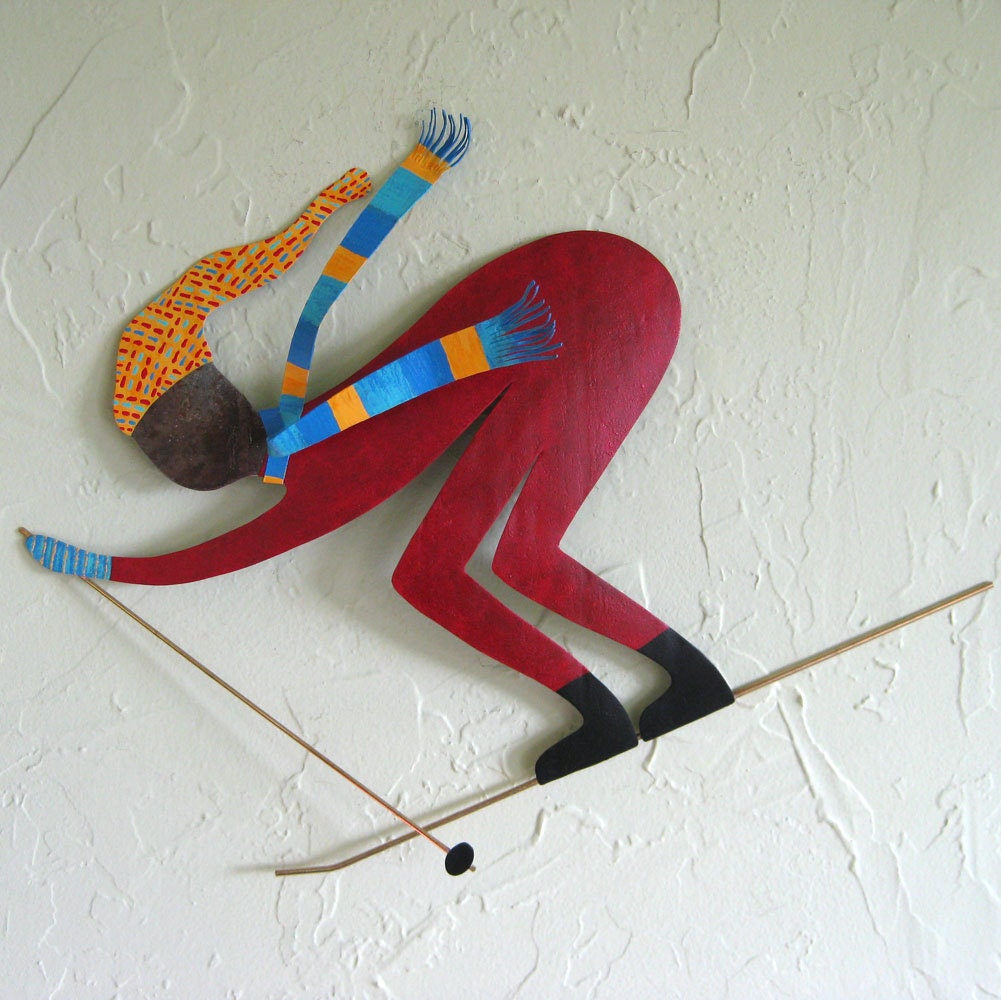 Skier Wall Art Hanging - Original Metal Sculpture Signed Painted Red