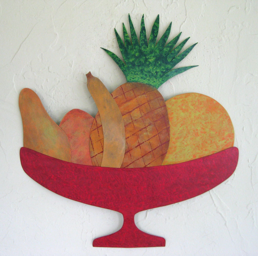Original Kitchen Wall Art - Tropical Fruit -  Repurposed Metal Sculpture Hand Painted 17 x 17