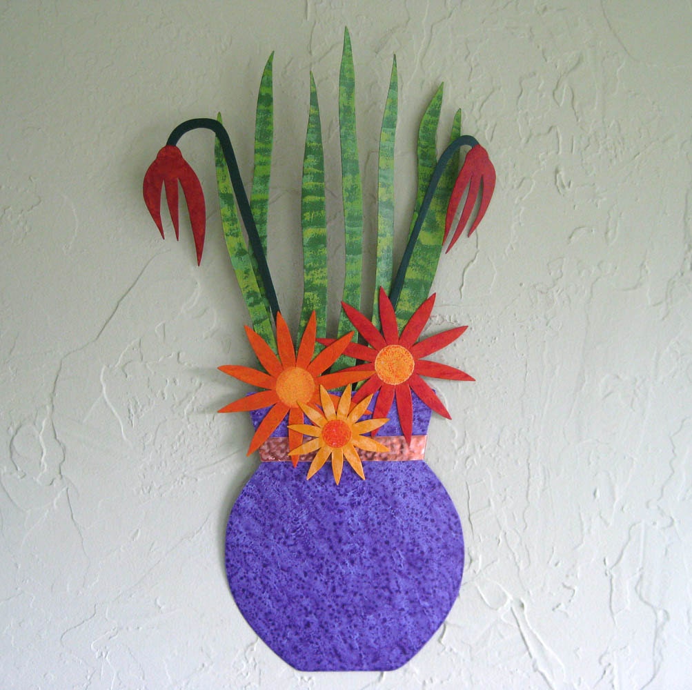 Metal wall art - Flower vase Metal wall hanging - upcycled metal sculpture Purple