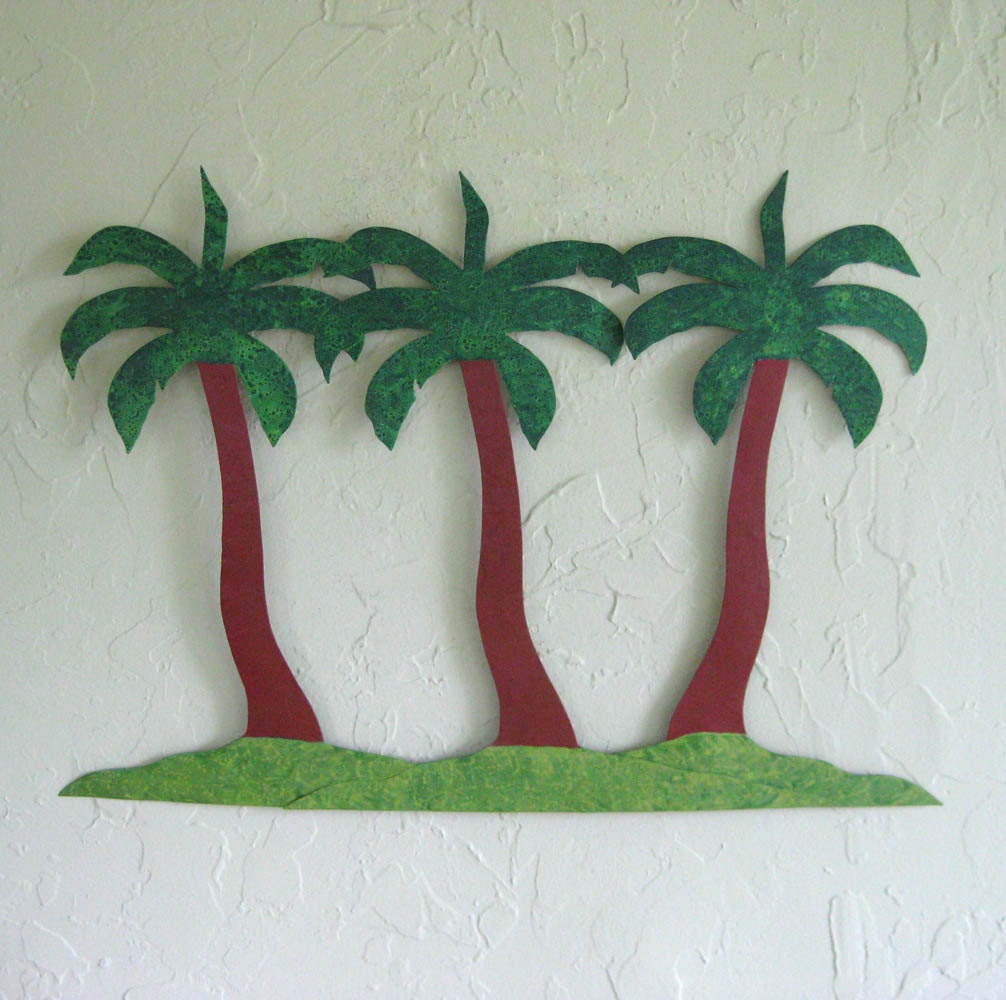 Art sculpture - Palm Trio - upcycled metal wall decor coastal beach cottage  17 x 23