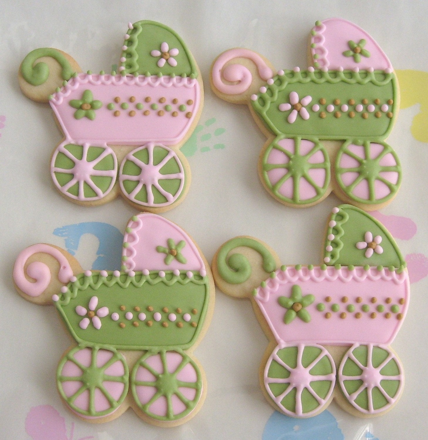 PINK and SAGE Baby Shower Cookies - Baby Carriage Cookies - Baby Bib - Baby Bottle - Baby Rattle - 1 Dozen Il_570xn