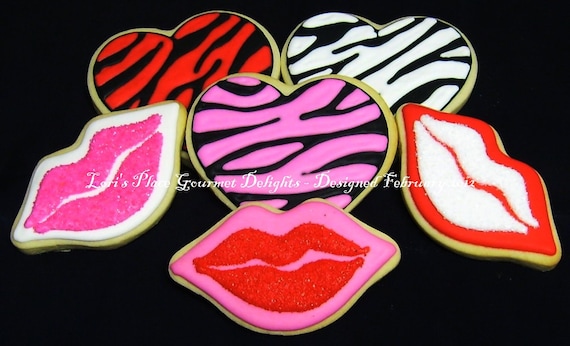 Jungle Kiss Cookies - Lip Cookies - Heart Cookies - 6 Cookies Il_570xn