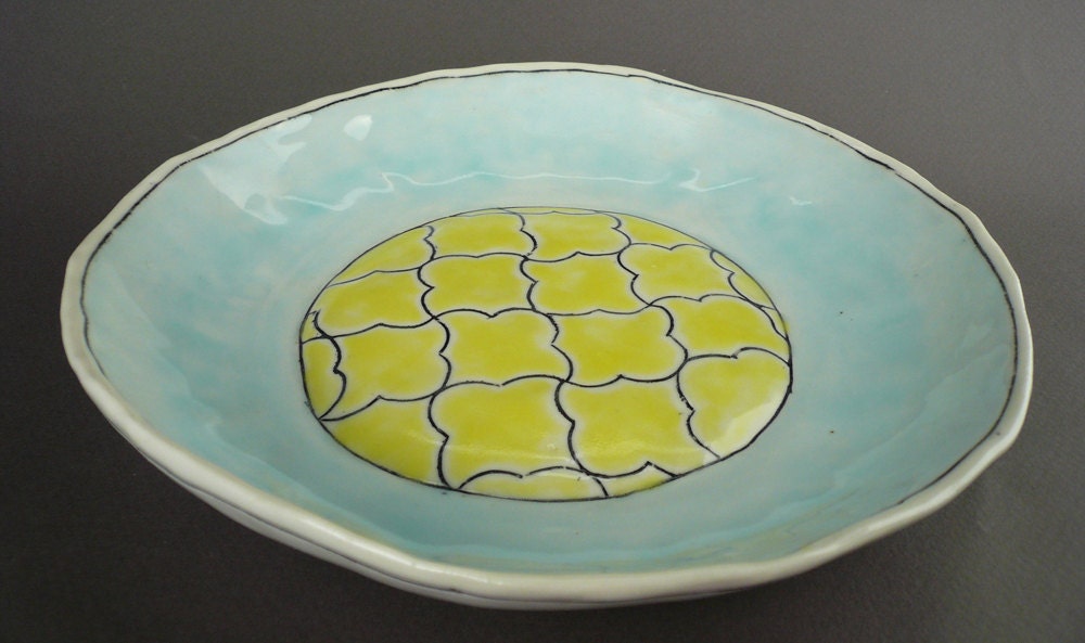 Islamic Pattern Salad Platein Robin's Egg Blue and Canary Yellow