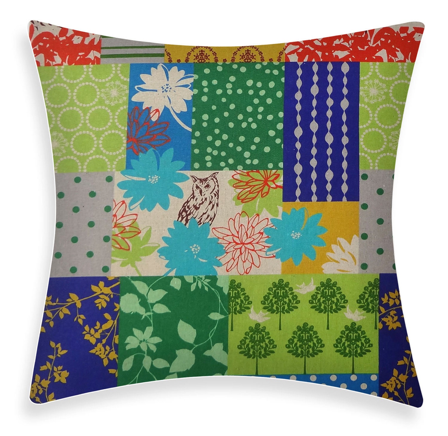 Blue / Green Throw Pillow - Japanese Echino Forest Patchwork Blue Owl