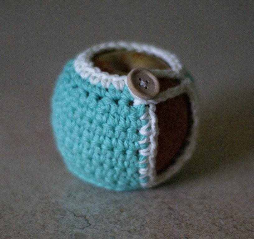 Handmade Crocheted Apple Cozy in Turquoise and White