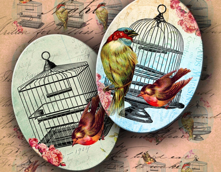 INSTANT DOWNLOAD Digital Collage Sheet - Fly Away - Birds and Birdcages 30 X 40 Ovals - DigitalPerfection digital collage sheet 901