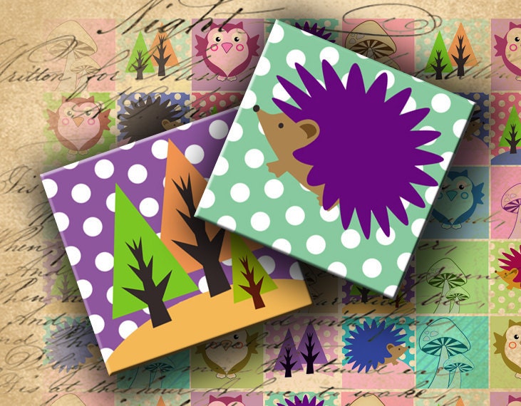 Instant Download Digital Collage Sheet Owls, Hedgehogs, trees and Mushrooms 1 inch squares - DigitalPerfection digital collage sheet 619