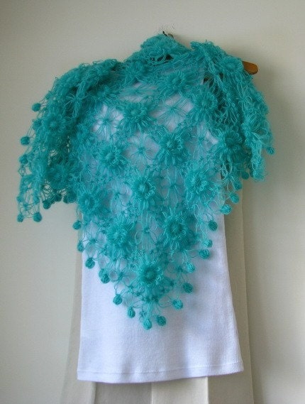 Turquoise Green Flowered Shawl