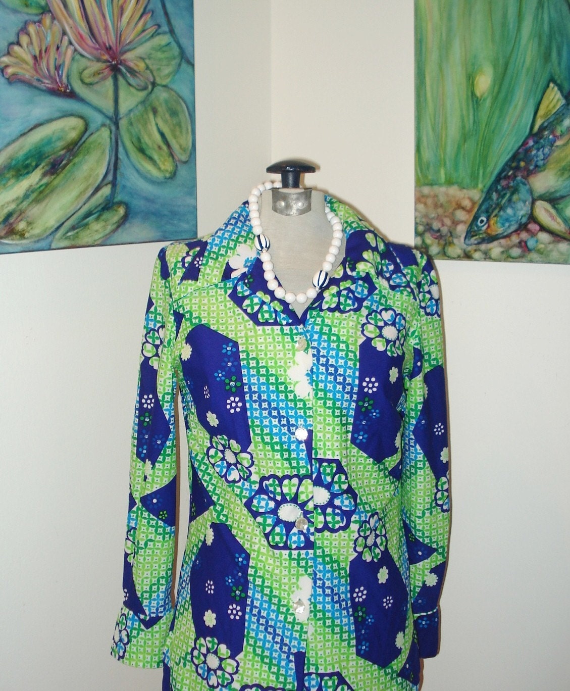 MOD wild child TWIGGY VTG 70s FAUX PATCHWORK L/S OFFICE Blouse