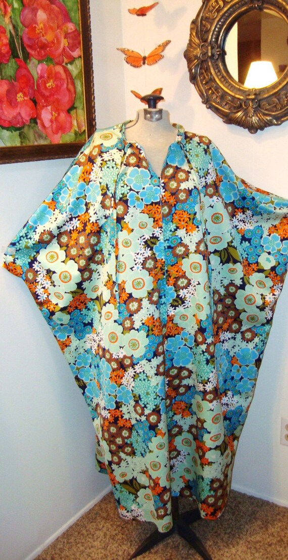 MOD HIPPIE CHIC  ZIP UP VTG 70s BATWING TENT CAFTAN MAXI DRESS one of a kind