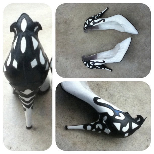 Vintage, black, white, 9, 81/2, avant, grade, high, heels, pop, art, scaloped, scalop, gianni, nine