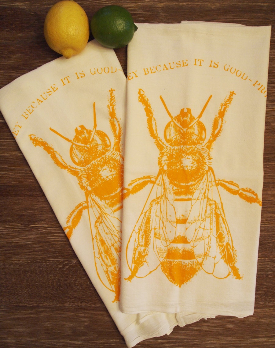 Set of 2 - HONEY Bee - Multi-Purpose Flour Sack Bar Towels - Renewable Natural Cotton
