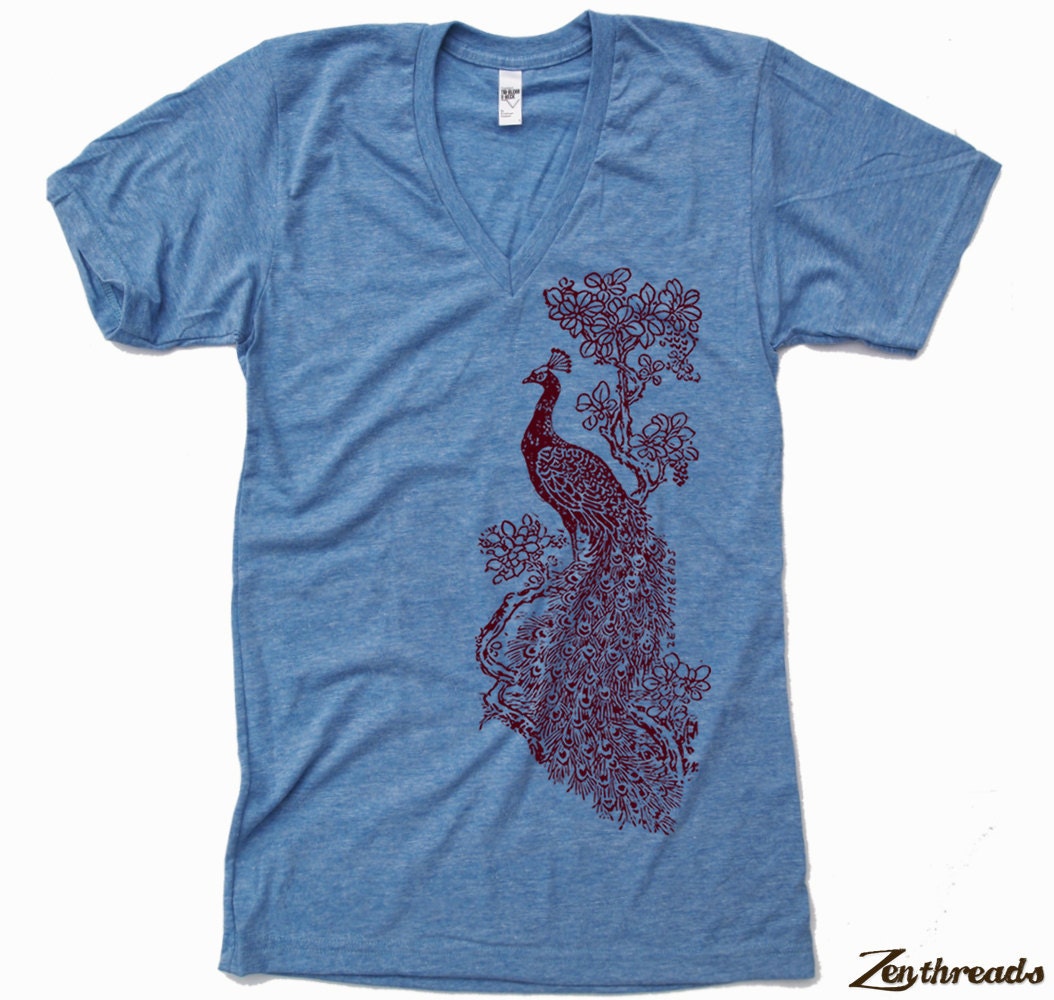 Unisex Vintage PEACOCK Tri Blend V Neck T Shirt american apparel XS S M L (3 Color Options)