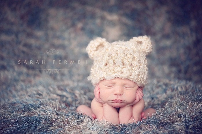 Bear Beanie Crochet Baby Hat Boy Girl Tan White Brown Newborn Toddler Chunky Fluffy Soft Photo Prop Photography