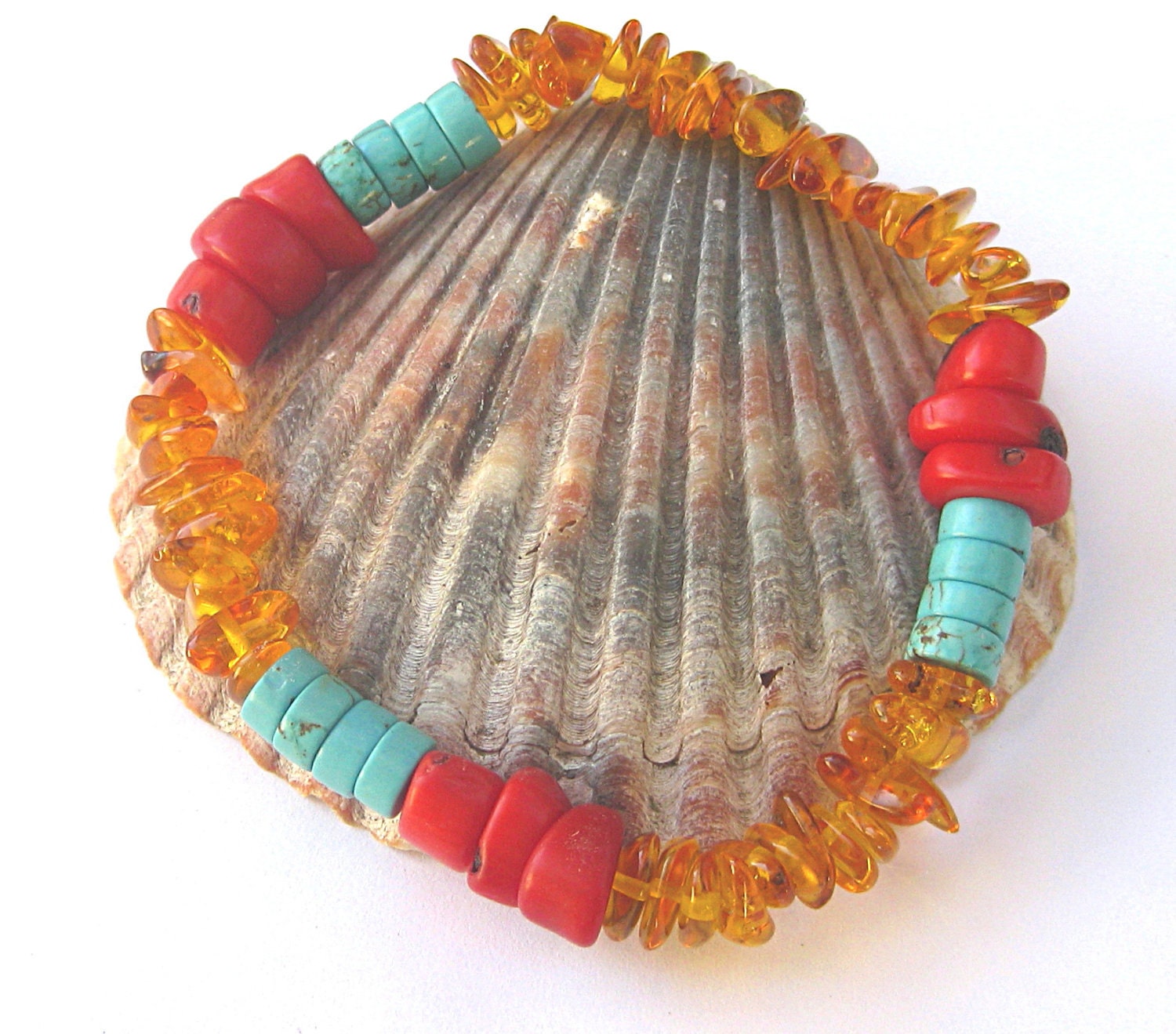 Santa Fe stretch bracelet, baltic amber bracelet, turquoise, red coral