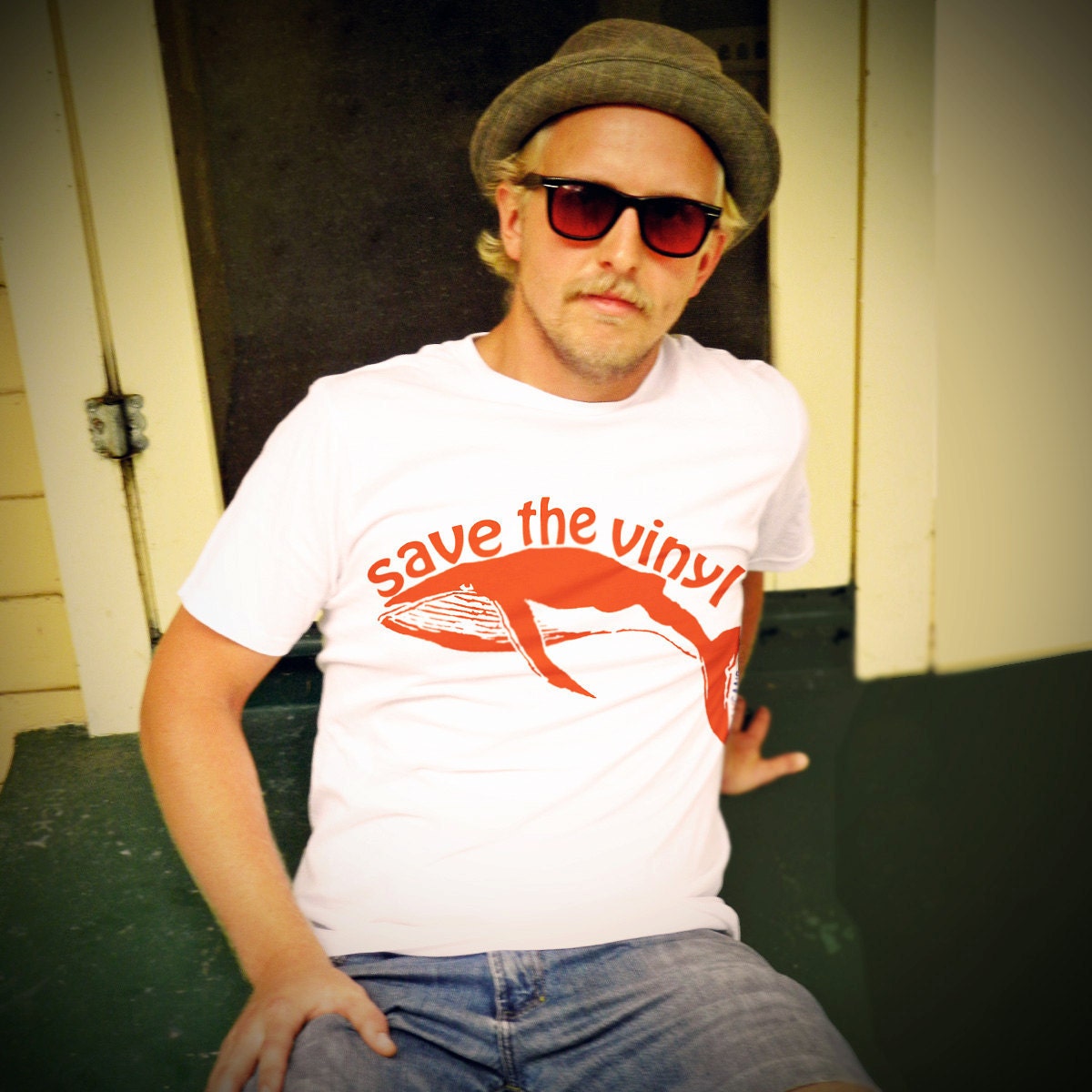 Save The Vinyl Reddish Burnt Orange Whale, Endangered Record Album Music Men's T Shirt T- Shirt Hip Graphic Tee Shirt Top Knit White