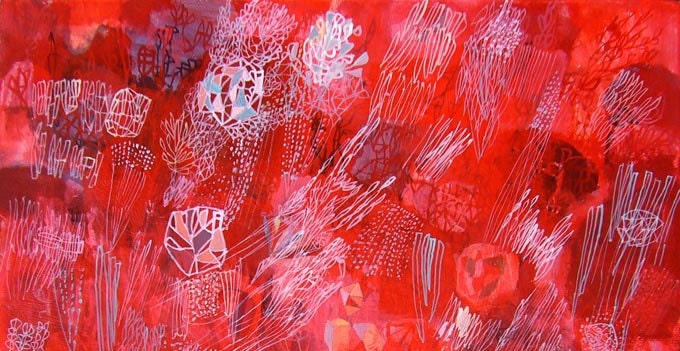 Red Nova Star - home and garden linear painting red painting abstract painting Lotus art original design