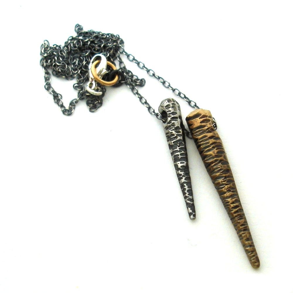 Double Spike Necklace- Forged Stainless Steel & Bronze